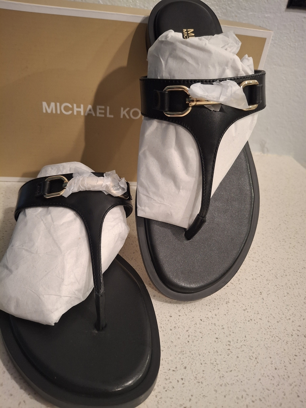 Michael Kors Men’s Black Leather Thong Sandals with Gold Hardware